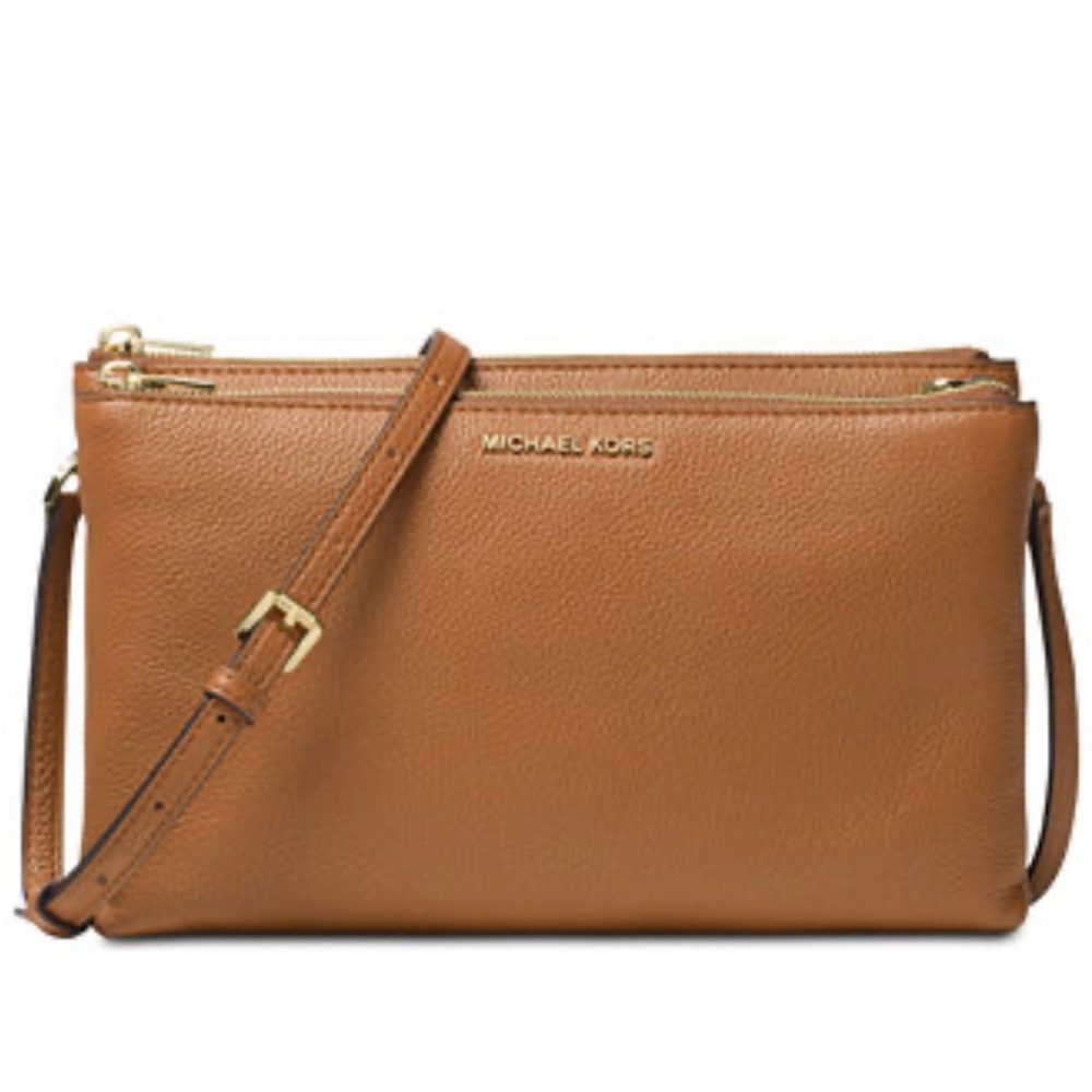 Michael Kors ‘Adele’ double zipper crossbody purse, cognac brown leather